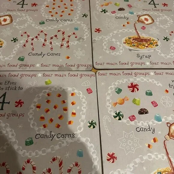 Pottery Barn Elf 6 Food Groups Cork Hard Placemats “read” - Picture 2 of 5